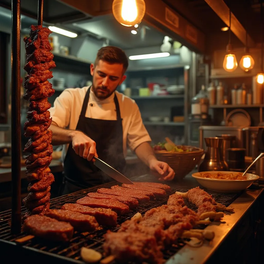 Chef preparando kebab tradicional